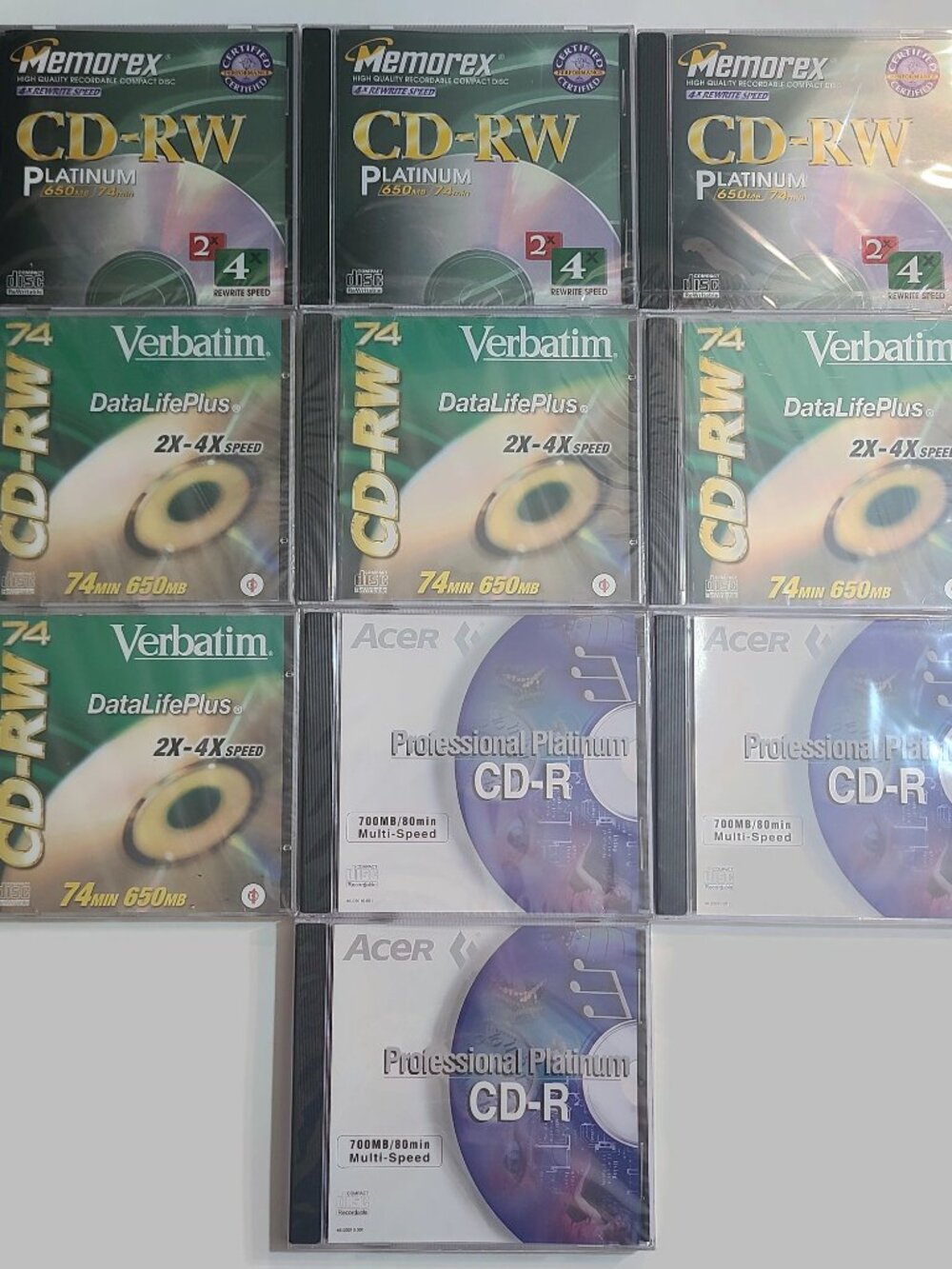 [NEW] Lot Of 10 CD-RW (7) / CD-R (3) Blank Discs Memorex Verbatim Acer Pro Mix